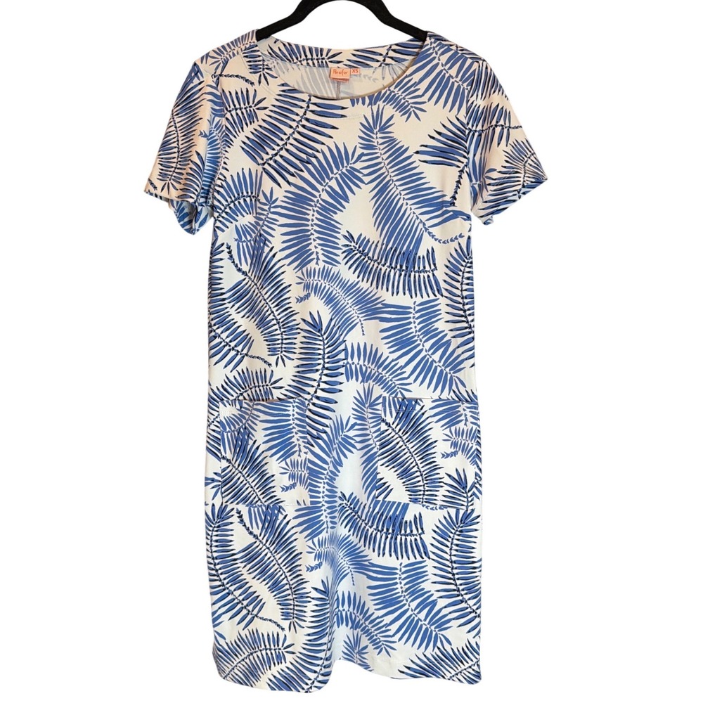 Persifor Womens XS Blue White Palm Leaf Print Shift Dress Short Sleeve Pockets